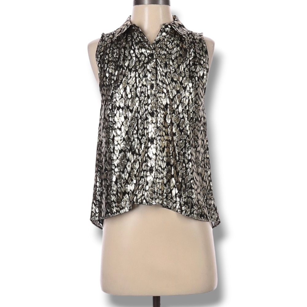 Joe's Jeans Abigaelle Sleeveless Silk Top Womens Size XS Gold Black Metallic NEW